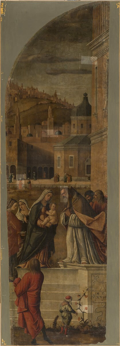 Vittore Carpaccio, Predstavitev v templju, 421 x 126 cm, tempera na platno; stanje slike med sondiranjem potemnelih neoriginalnih lakov.