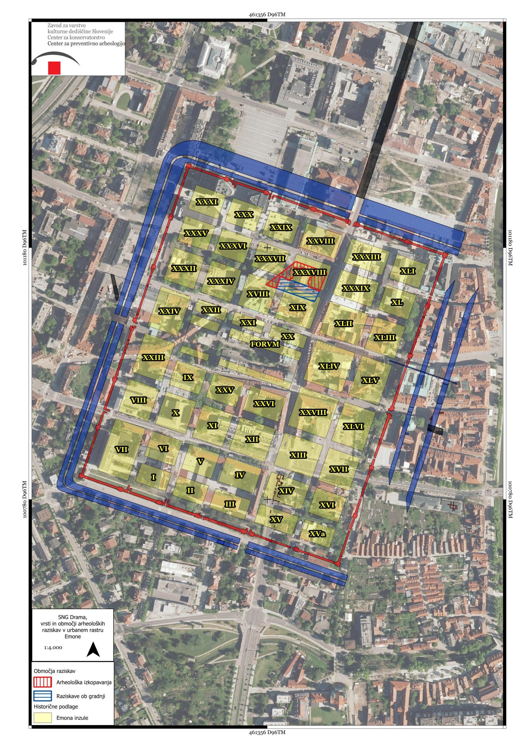 Načrt Emone in lokacija izkopavanja SNG Drama (pripravil Robert Krempuš)